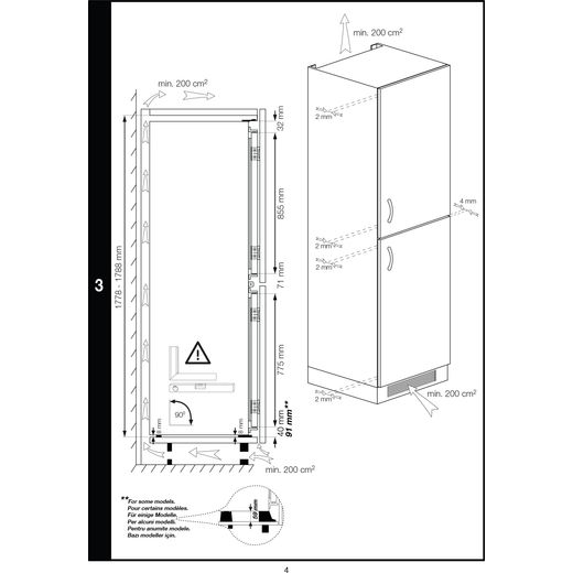 Beko Integrated 50/50 Fridge Freezer with Sliding Door Fixing Kit - White - Annotation - Dimension shot